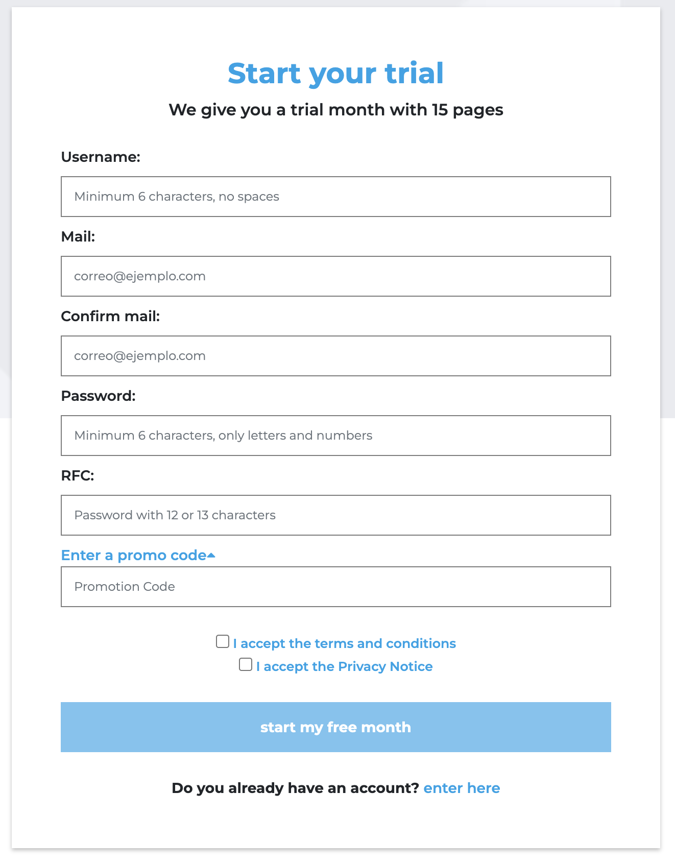Start your trial with fields to fill out.