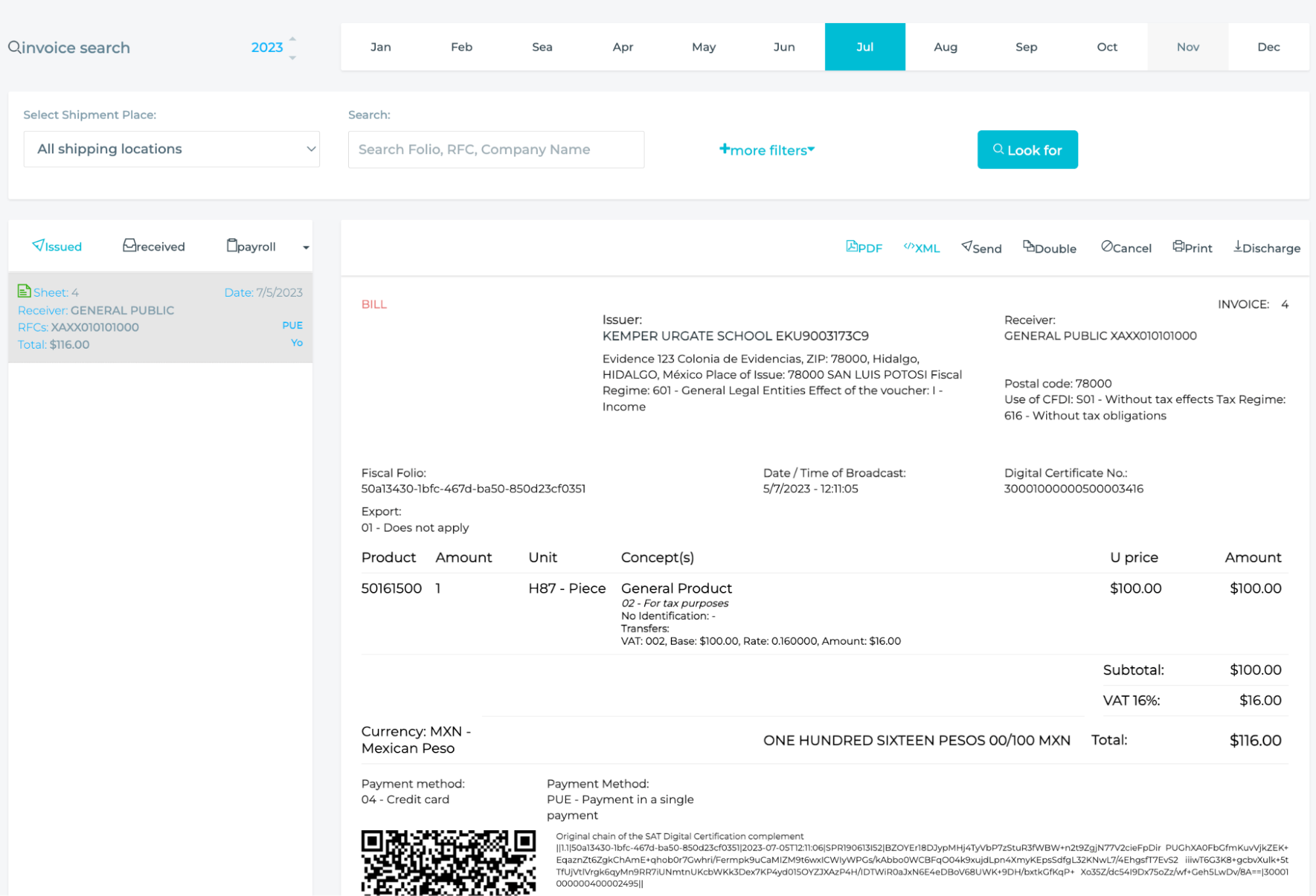 View of invoice with additional options at the top.