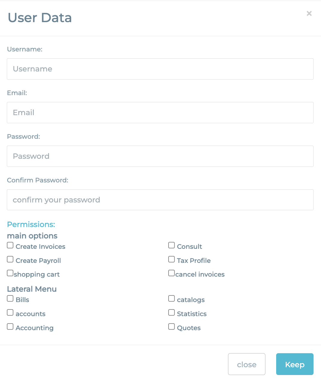 New user with fields to fill out and permissions to enable.