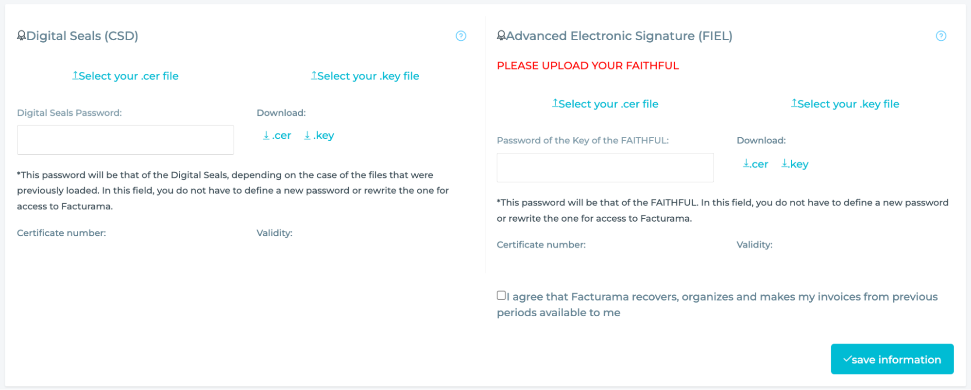 Settings for seals with options to upload files.