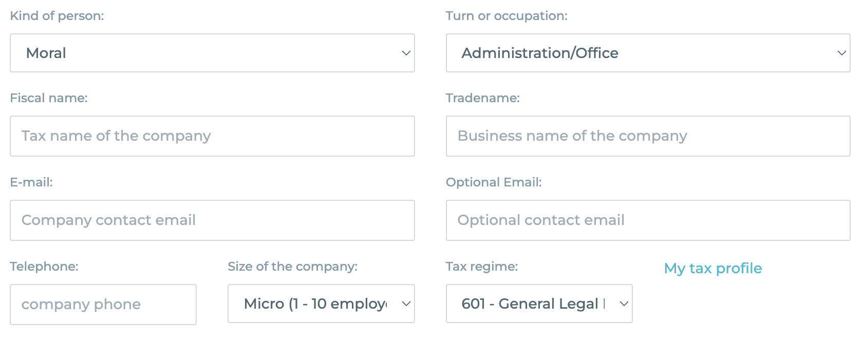 Tax profile section with fields to fill out.