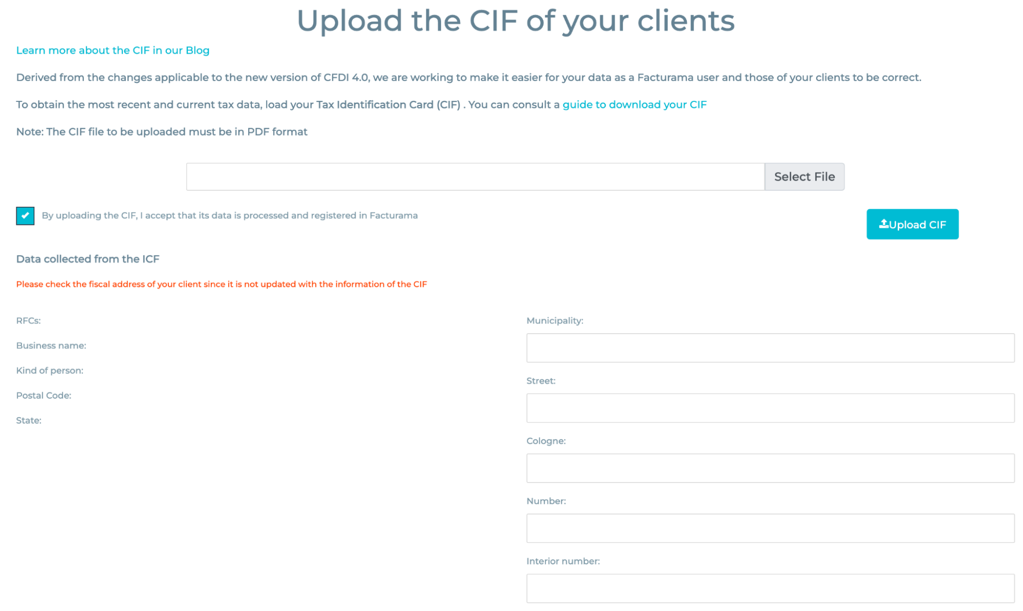 Upload Client CIF section with button to upload file.
