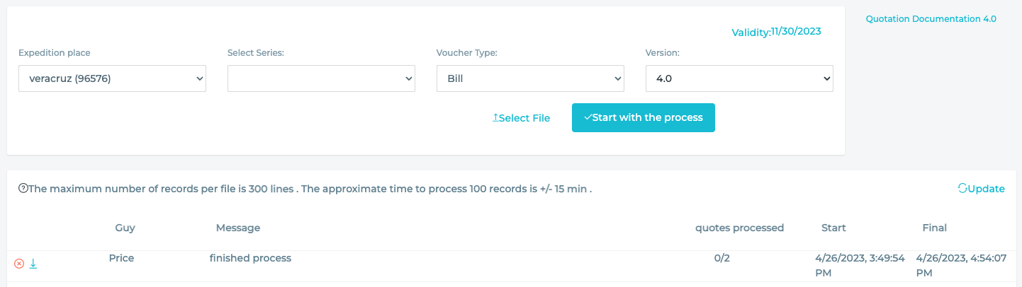 Uploaded file showing number of quotes processsed with start and end timestamps.