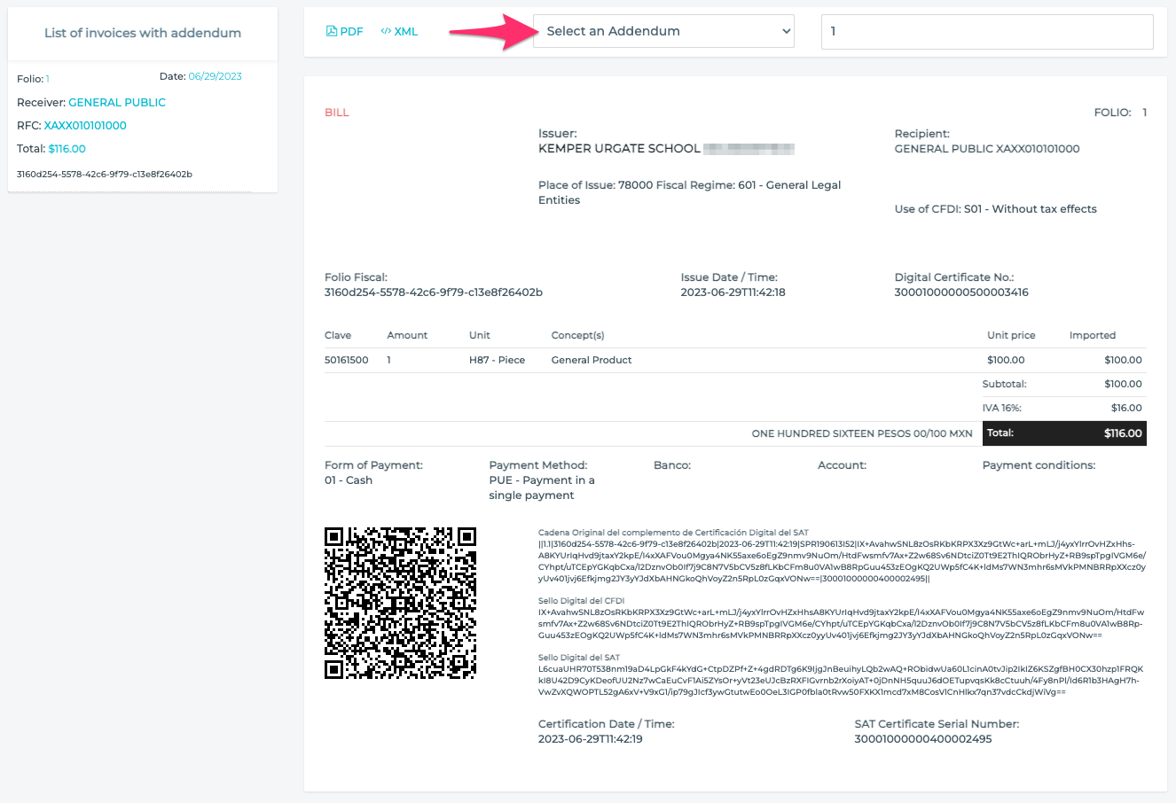 View of invoice with a dropdown to select a specific addenda.