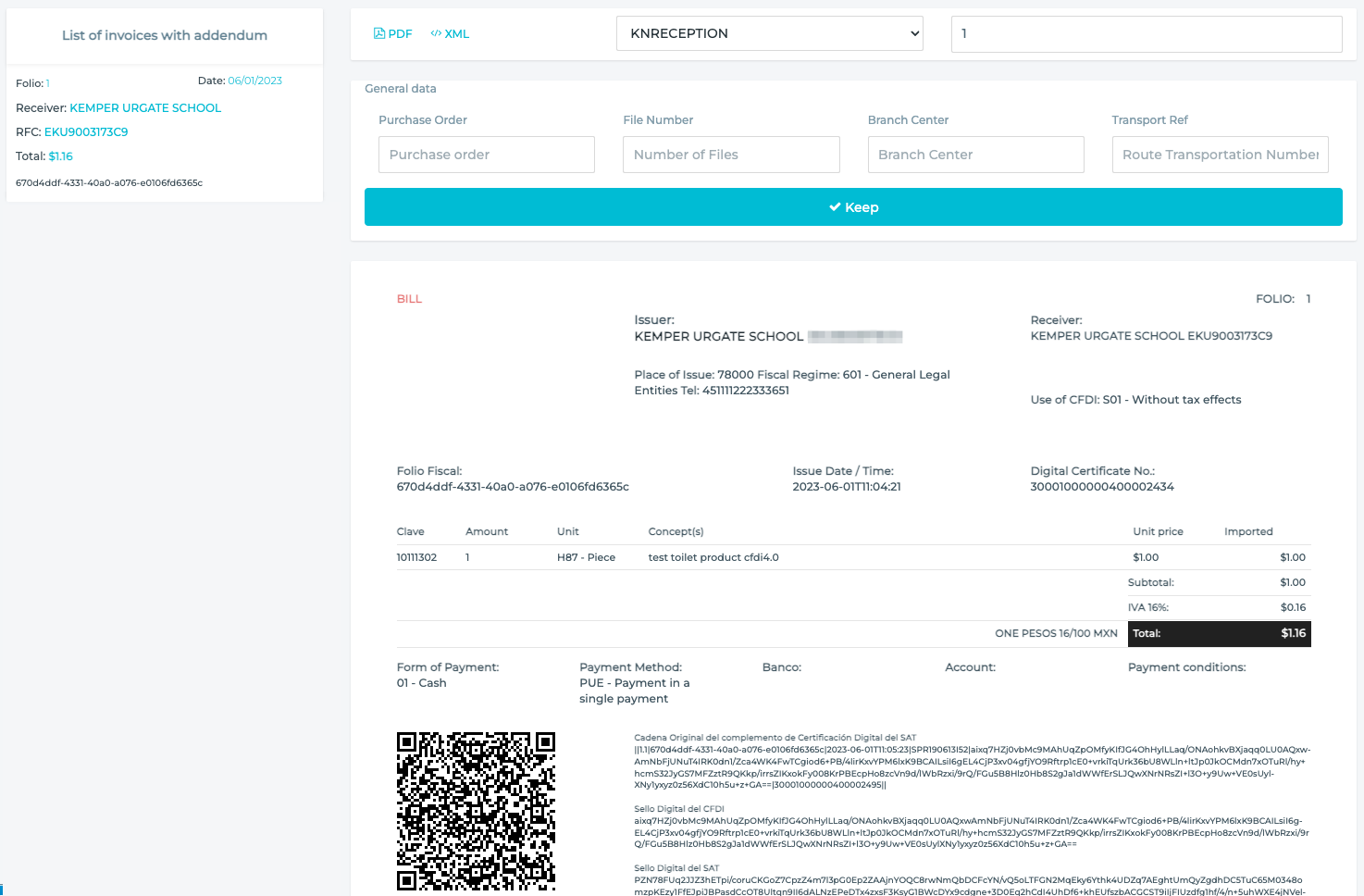 Invoice with fields to fill out from addenda.