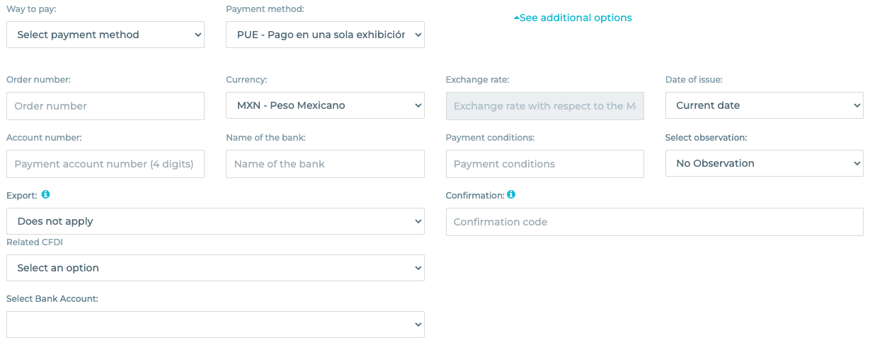 Invoice with additional options with fields to fill out.