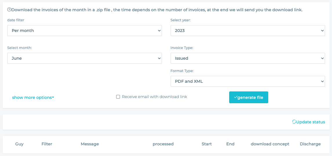 Download invoices with fields to filter by.