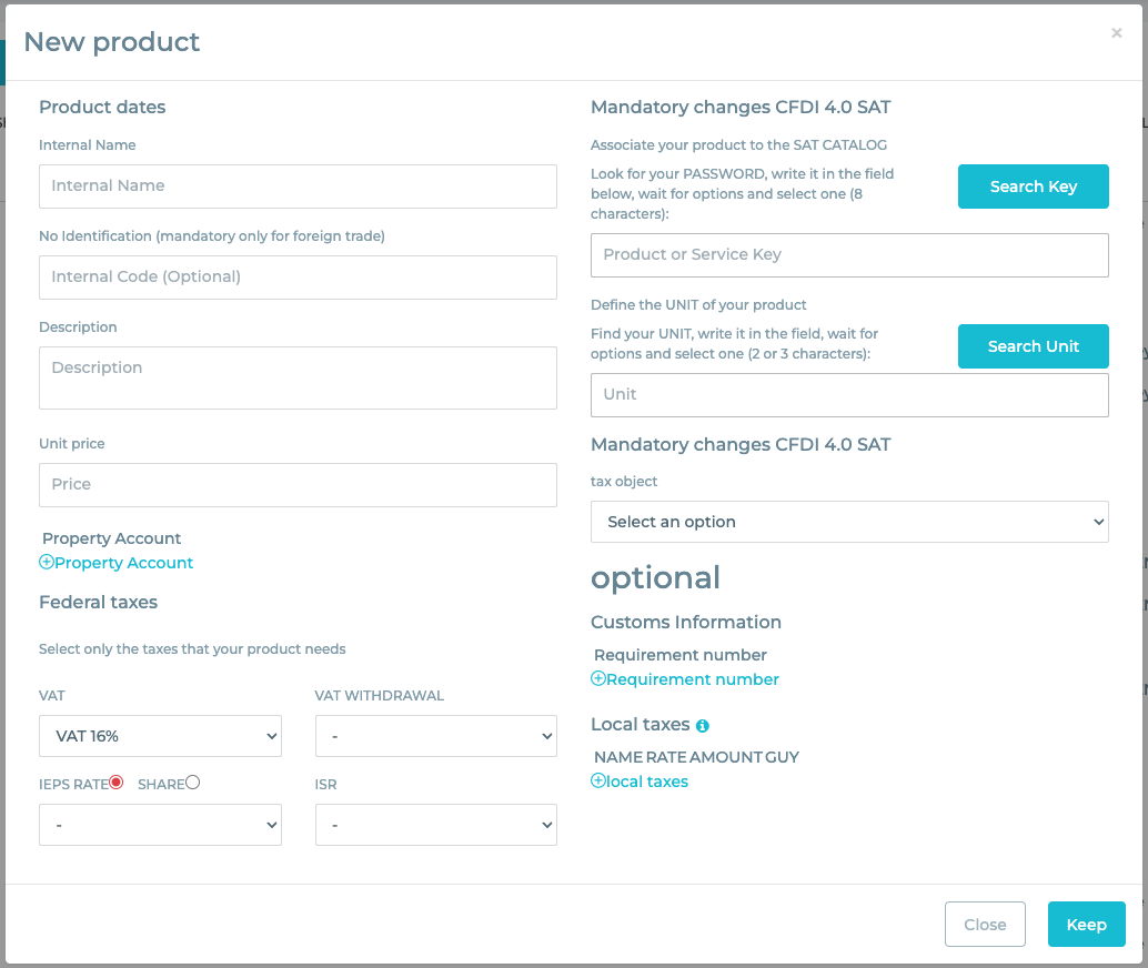 New product with fields to fill out.