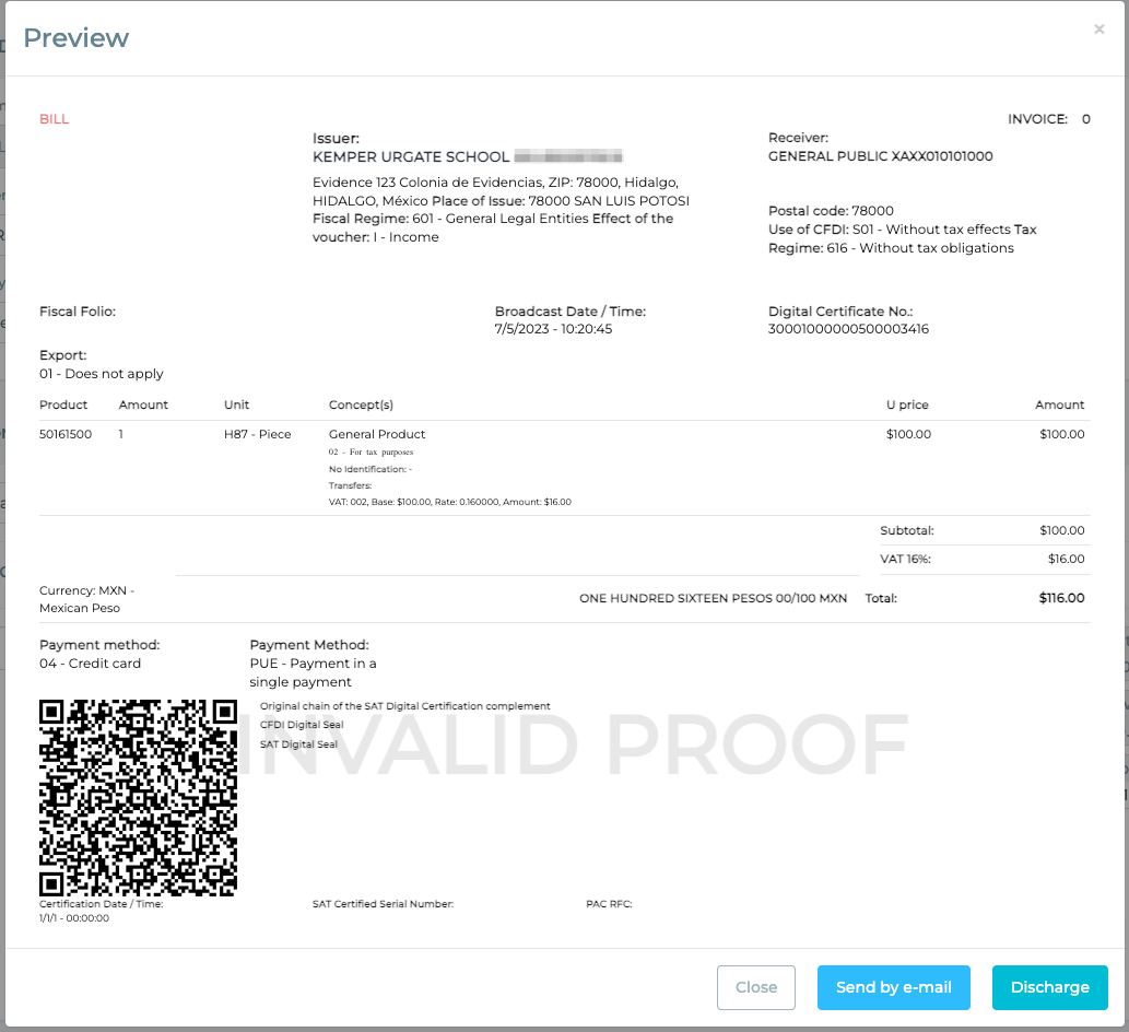 Preview of invoice with additional buttons.