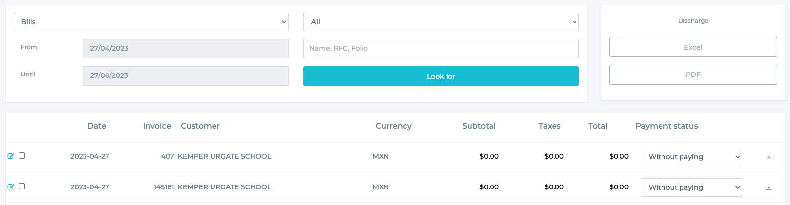 Accounts receivable with two invoices listed.