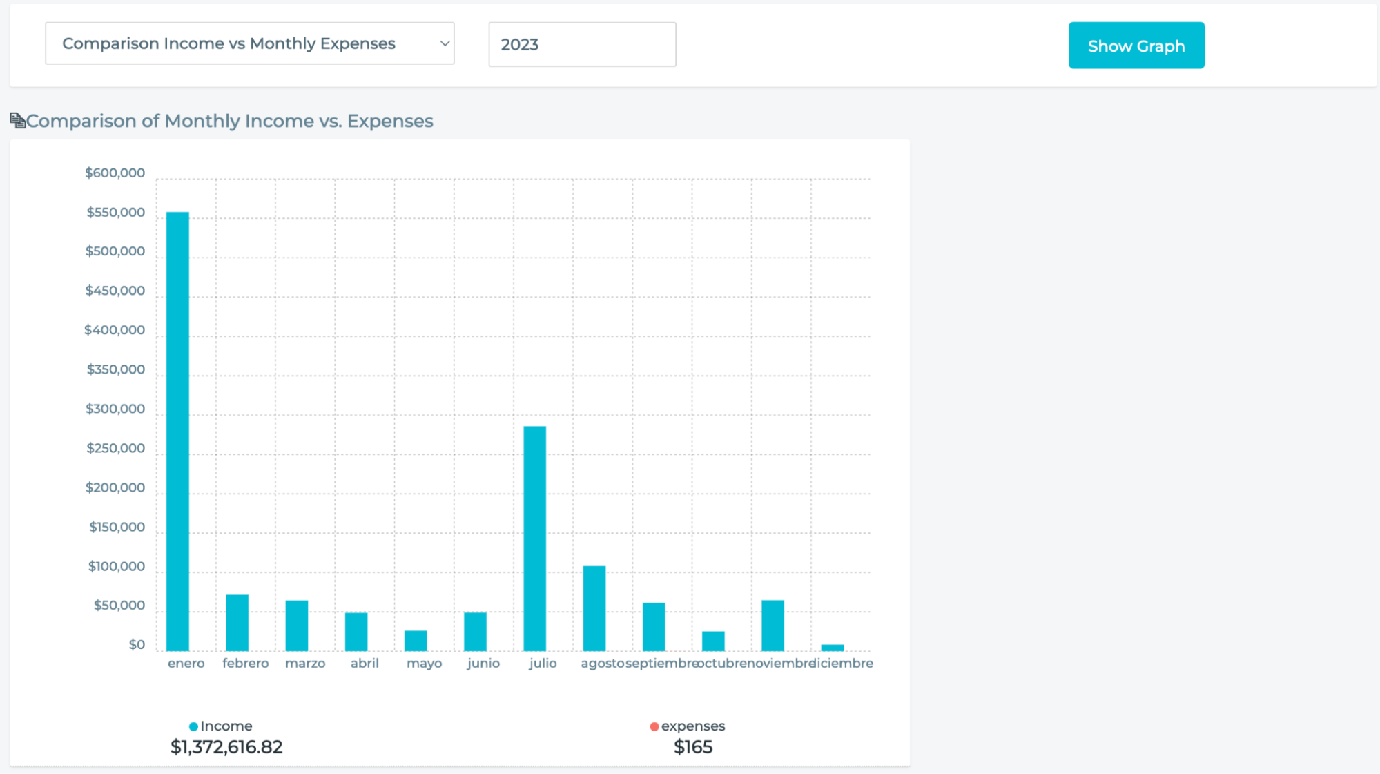 Graph of income and expenses for the year 2023 with each month as its own bar.