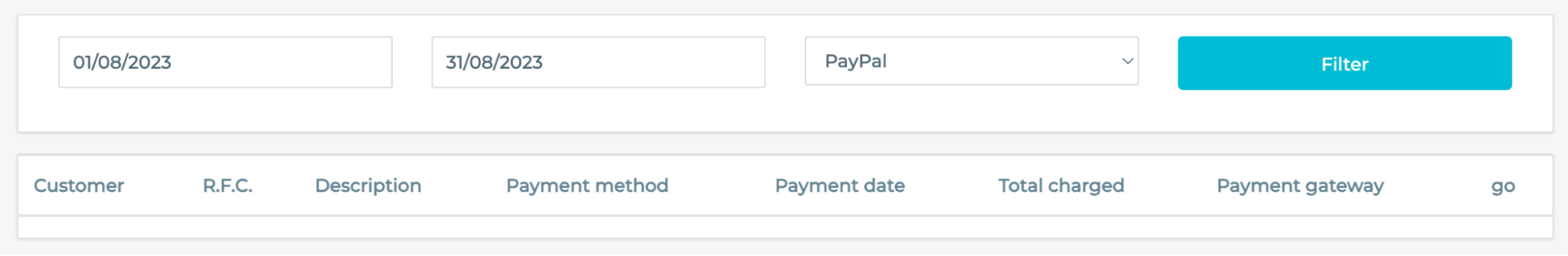 PayPal report section with fields to choose to filter with.