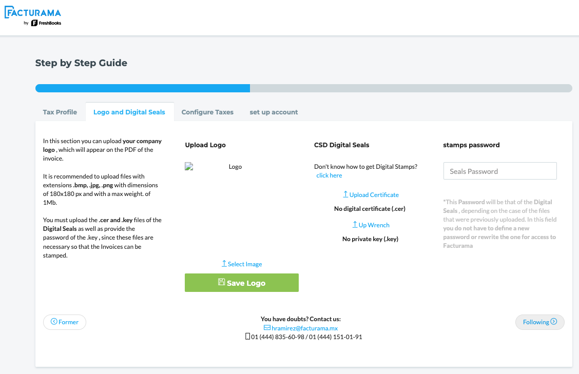 Logo and seals section with option to upload logo and upload seal files.