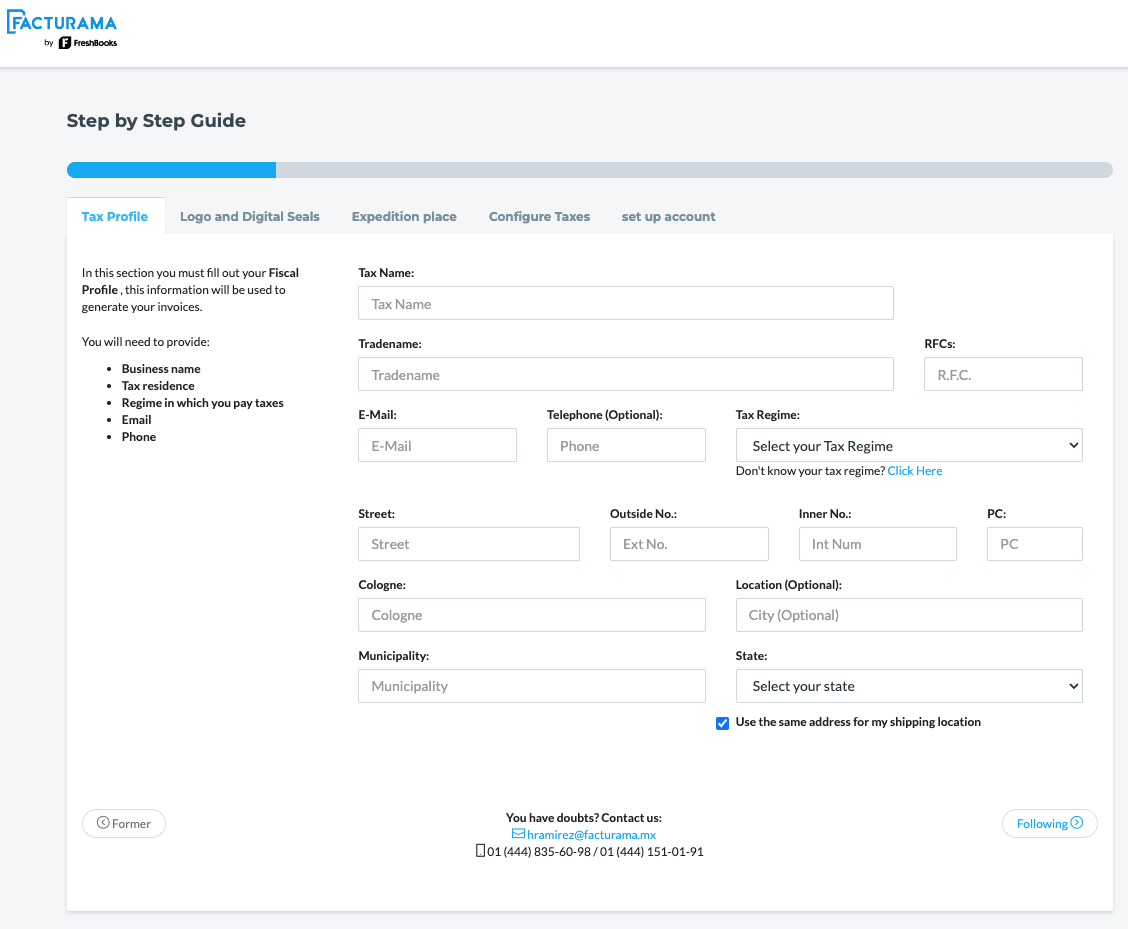 Tax profile with fields to fill out.