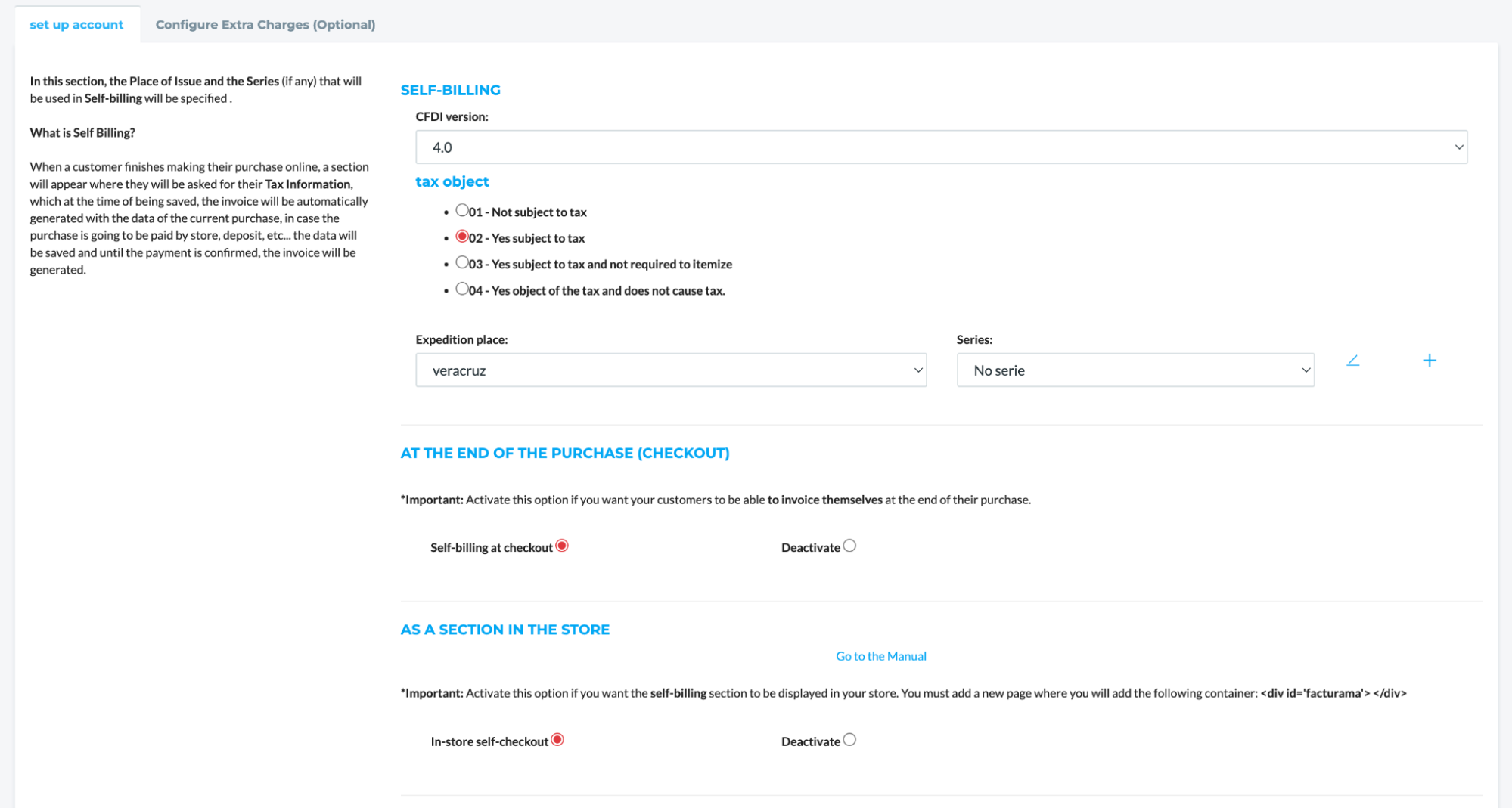 Self-invoicing section with fields to choose and fill out.