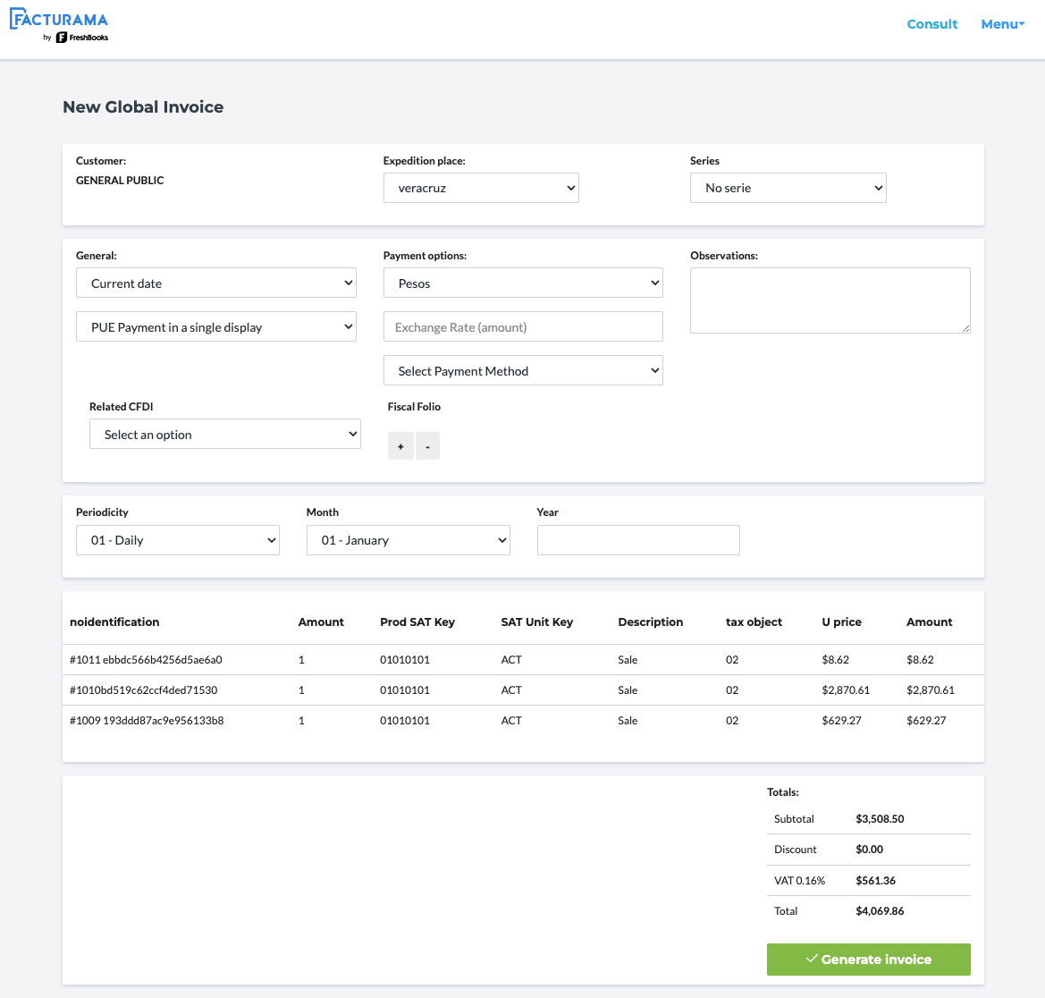 Global invoice preview with several purchase orders listed.