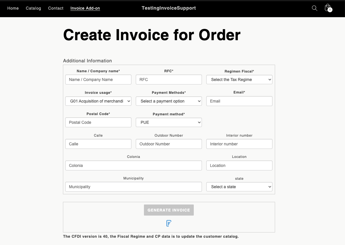 Create invoice with fields to fill out.