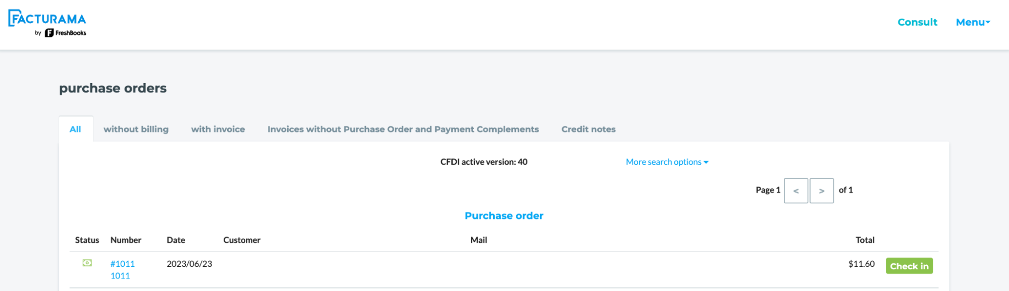 Consult showing list of invoices with sub-tabs of different invoice types.