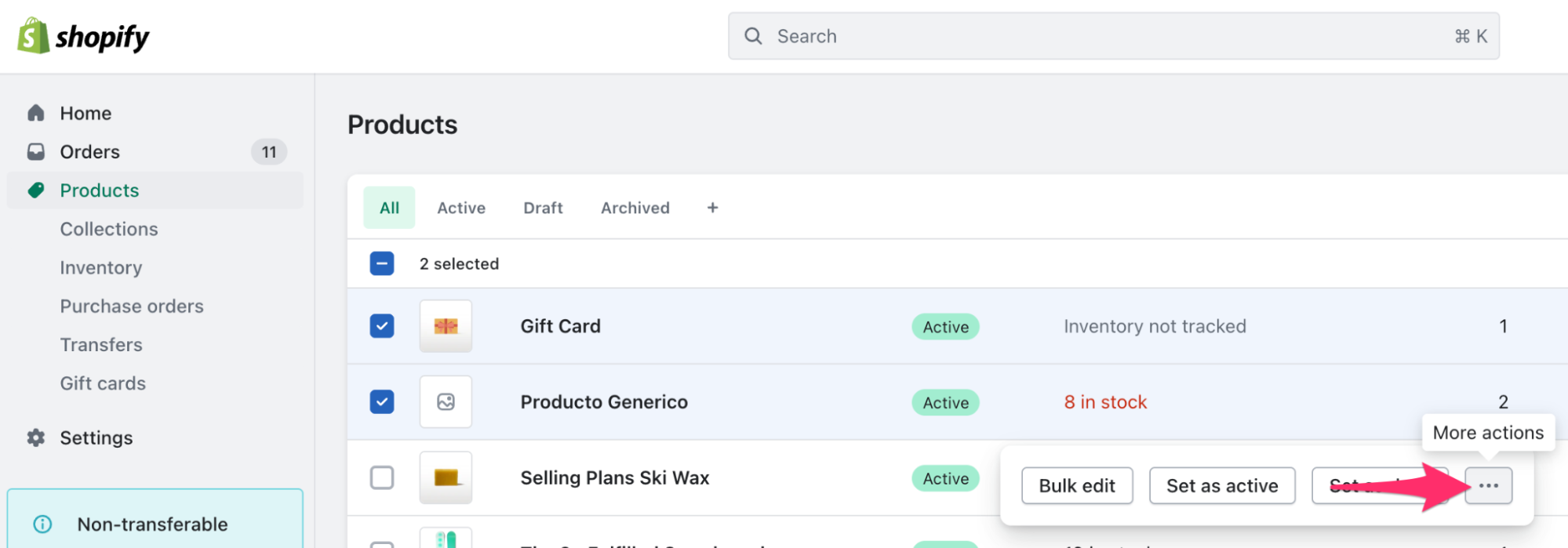 More actions button at bottom of list of products.