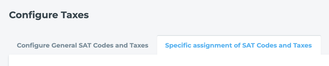 Facturama app in Shopify with Specific Assignment of SAT Codes and Taxes section open.