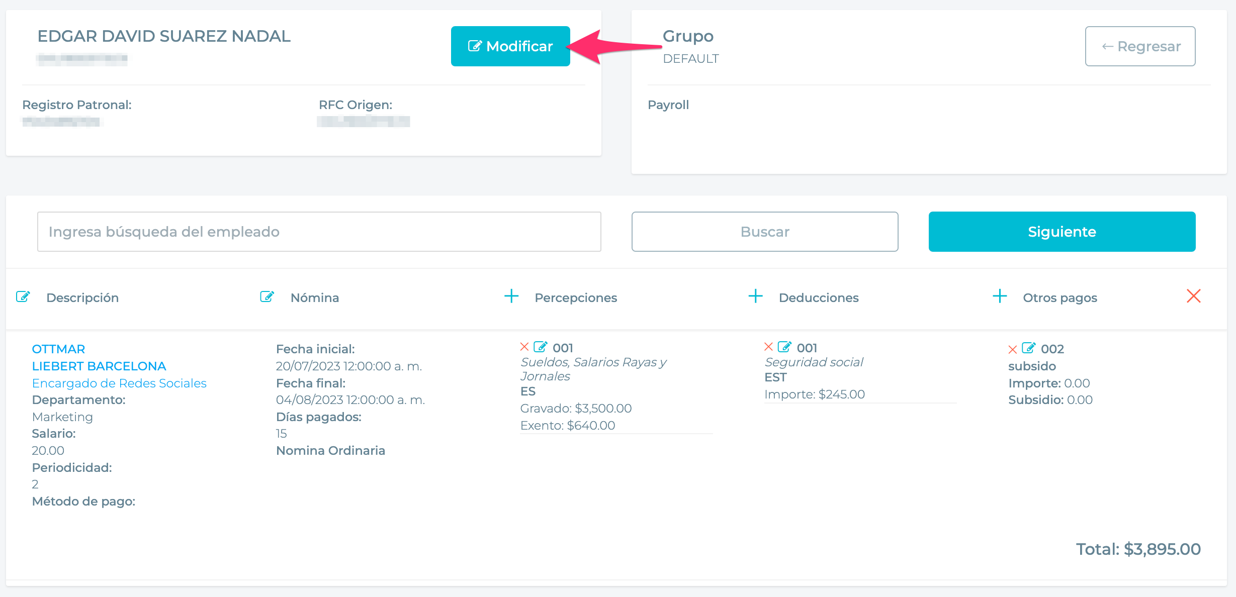 Botón modificar junto a la información del empleado.