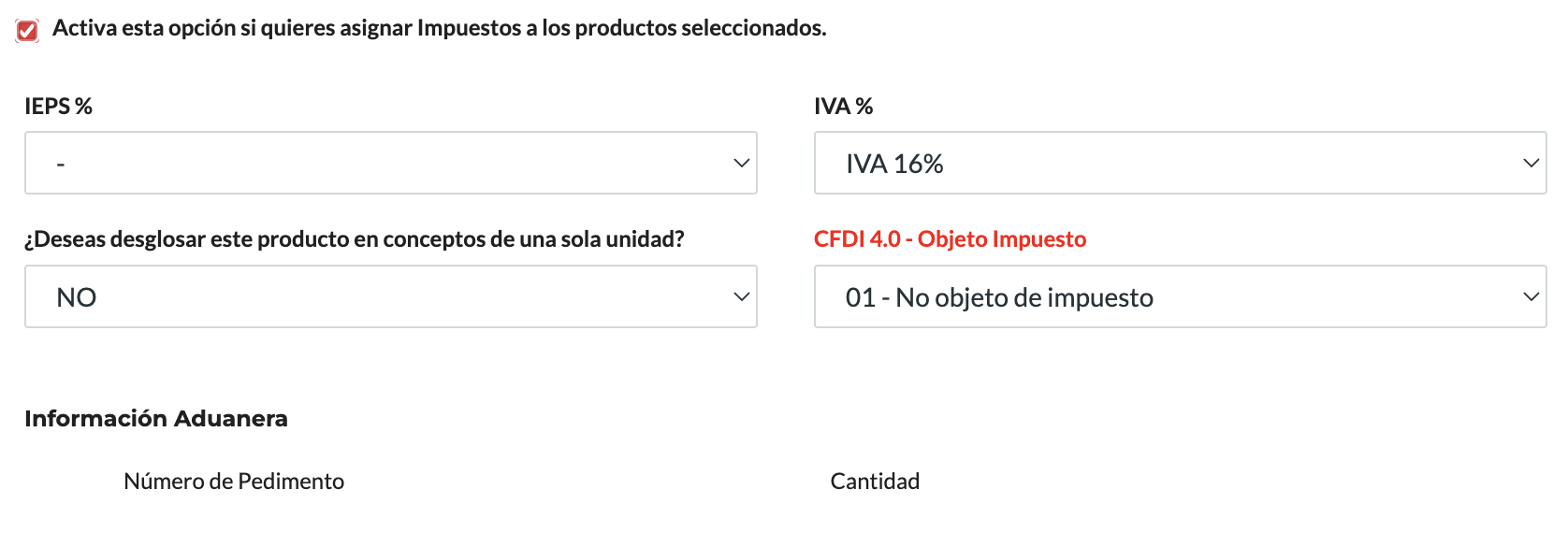 Casilla Asignar impuestos seleccionada.