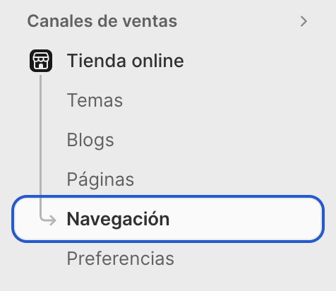 Sección de navegación en la cuenta Shopify.