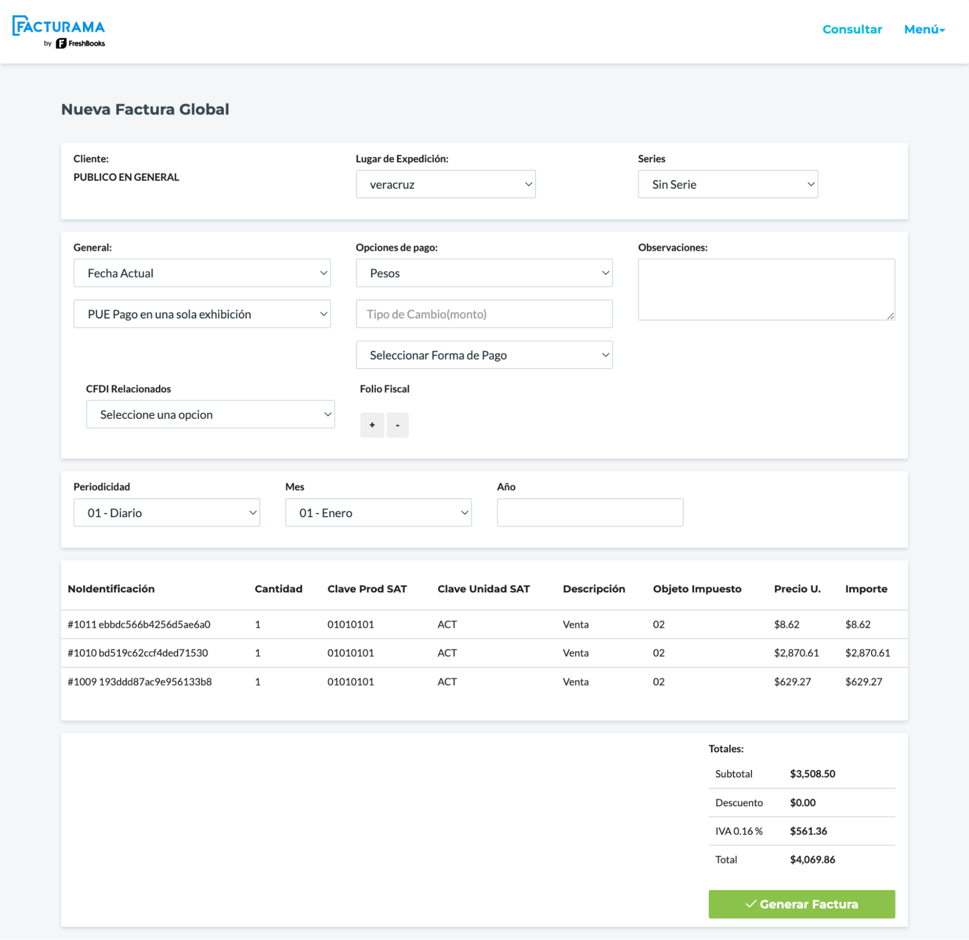 Vista previa global de facturas con varias órdenes de compra enumeradas.