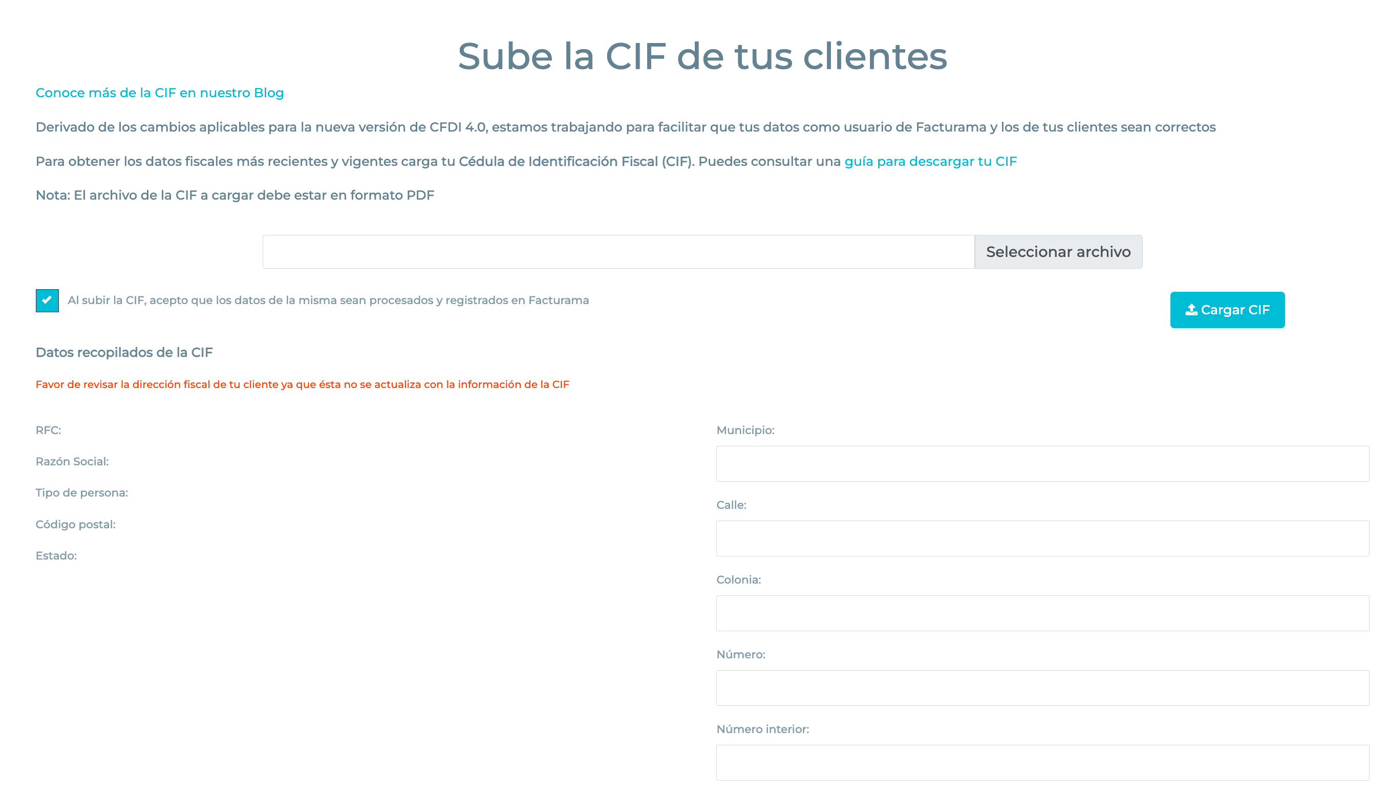 Subir sección CIF del Cliente con botón para subir archivo.