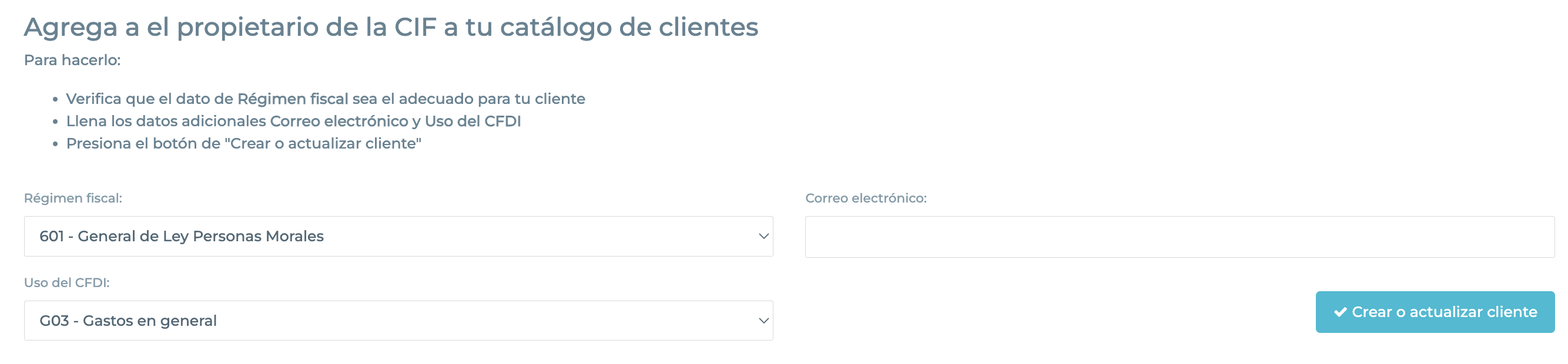 Botón crear o actualizar cliente.