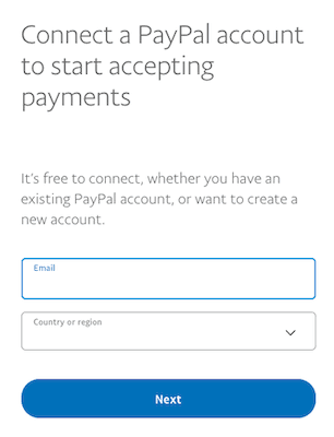 Configuración de PayPal con campos para completar para correo electrónico y país.