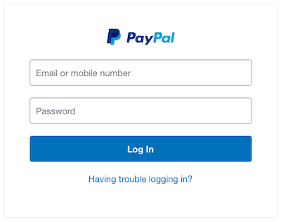 Inicio de sesión de PayPal con campos para correo electrónico y contraseña.