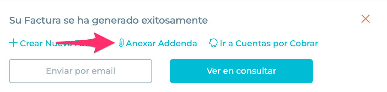 Mensaje de generación de factura con addenda seleccionado.