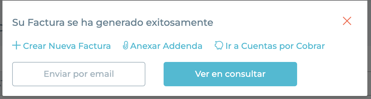 Mensaje de generación exitosa de factura con opciones adicionales.