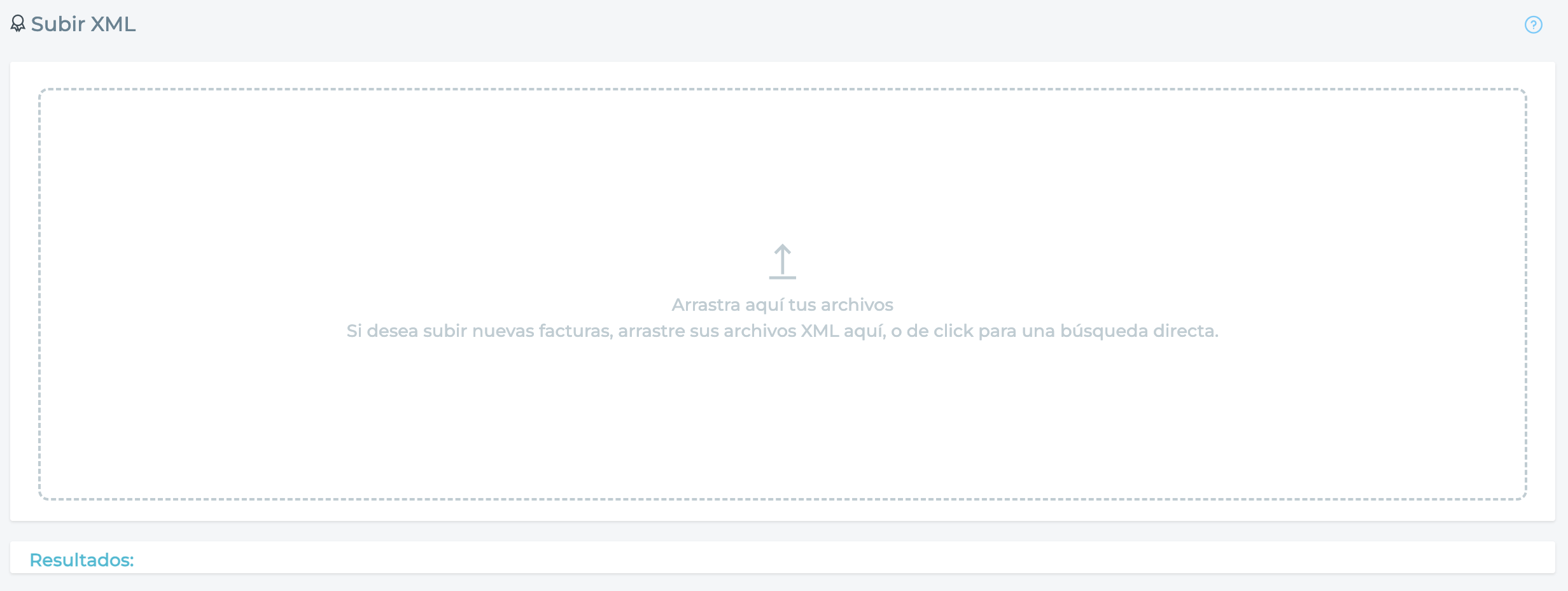 Sección de arrastrar y soltar para cargar facturas XML.