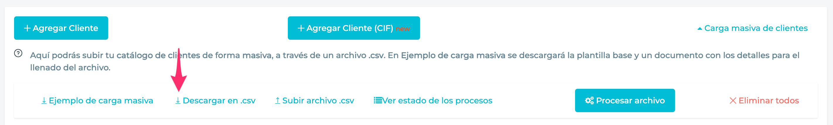 Enlace para descargar archivo csv de clientes.