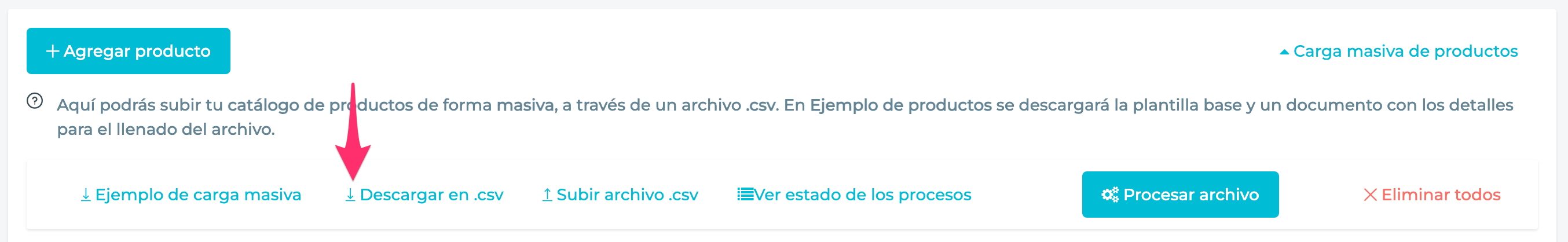 Enlace para descargar la lista de productos como archivo csv.