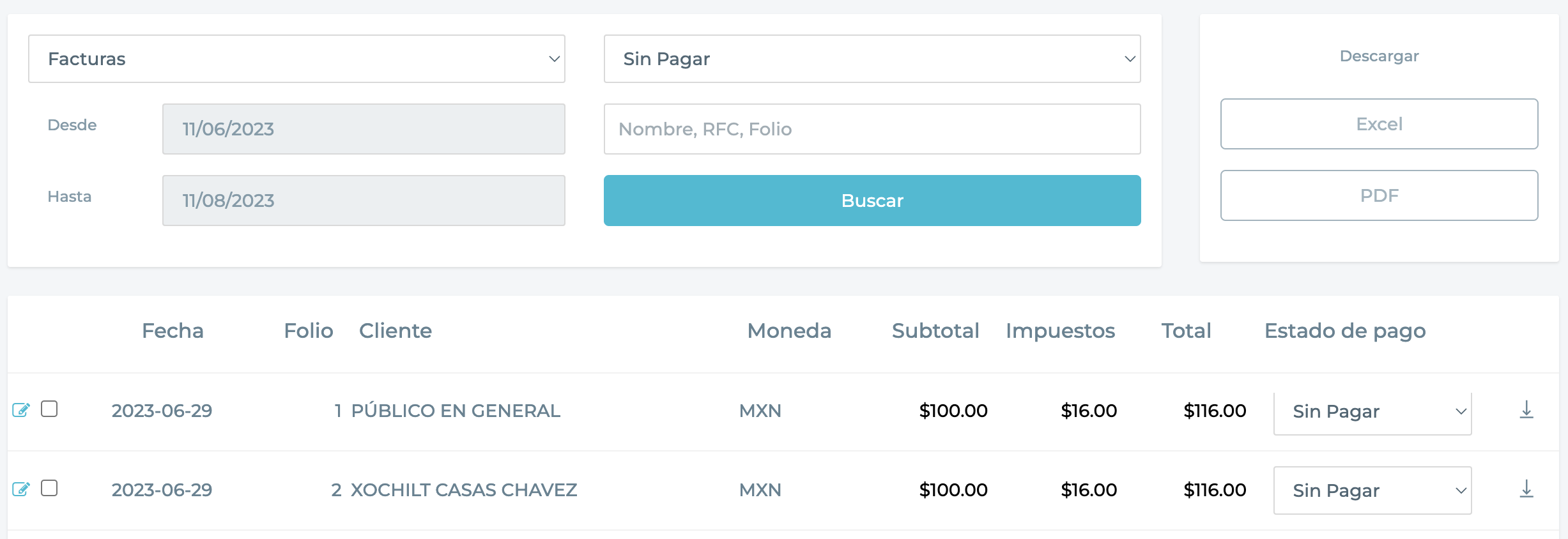 Cuentas por cobrar con dos facturas enumeradas.