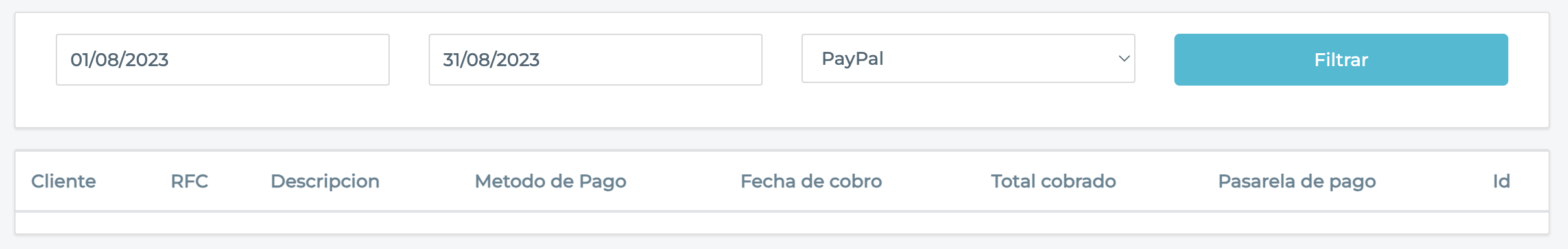 Sección de informe de PayPal con campos para elegir filtrar.